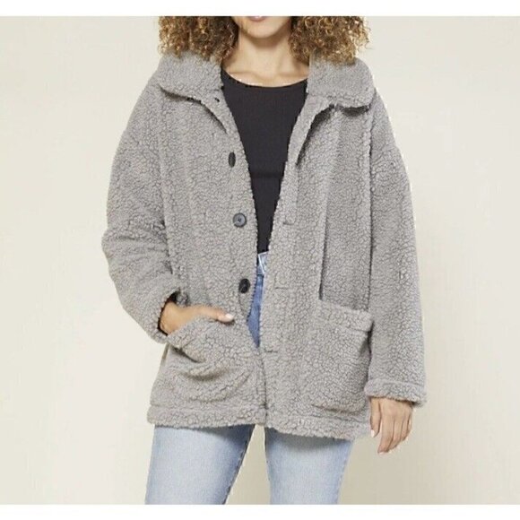 Outerknown Woodland Sherpa Coat Snap Pockets Oversized Gray Medium  0620 - Picture 1 of 6